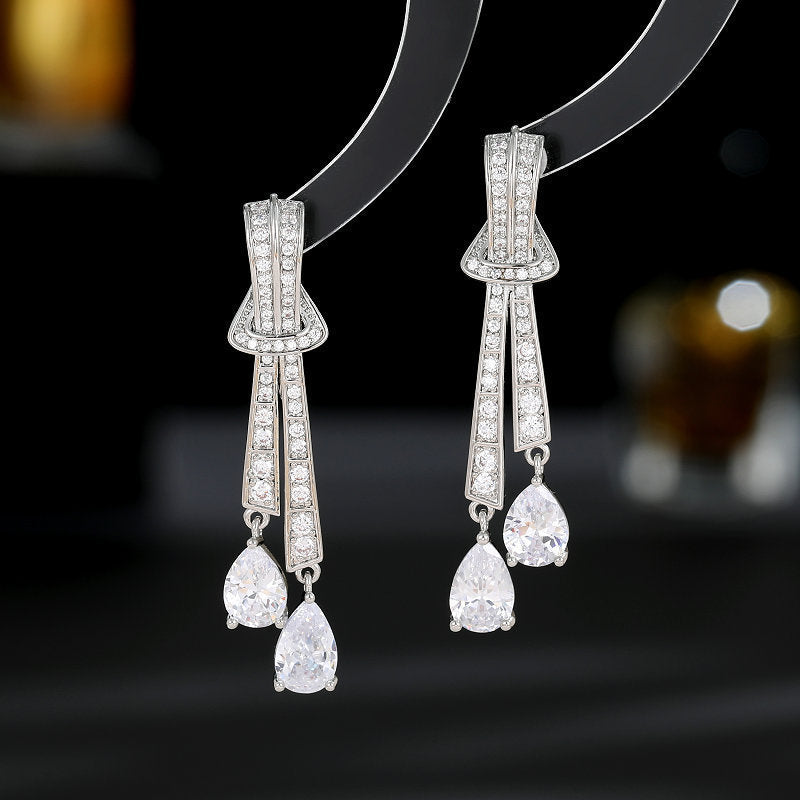 Knot Drop Earrings With Silver Needle And Zircon Inlaid