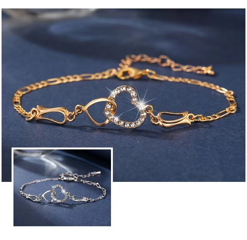 Korean Style Fashion Double Love Light Luxury Silver White Golden Two-color Beautiful Bracelet Necklace And Earrings Suite Gift