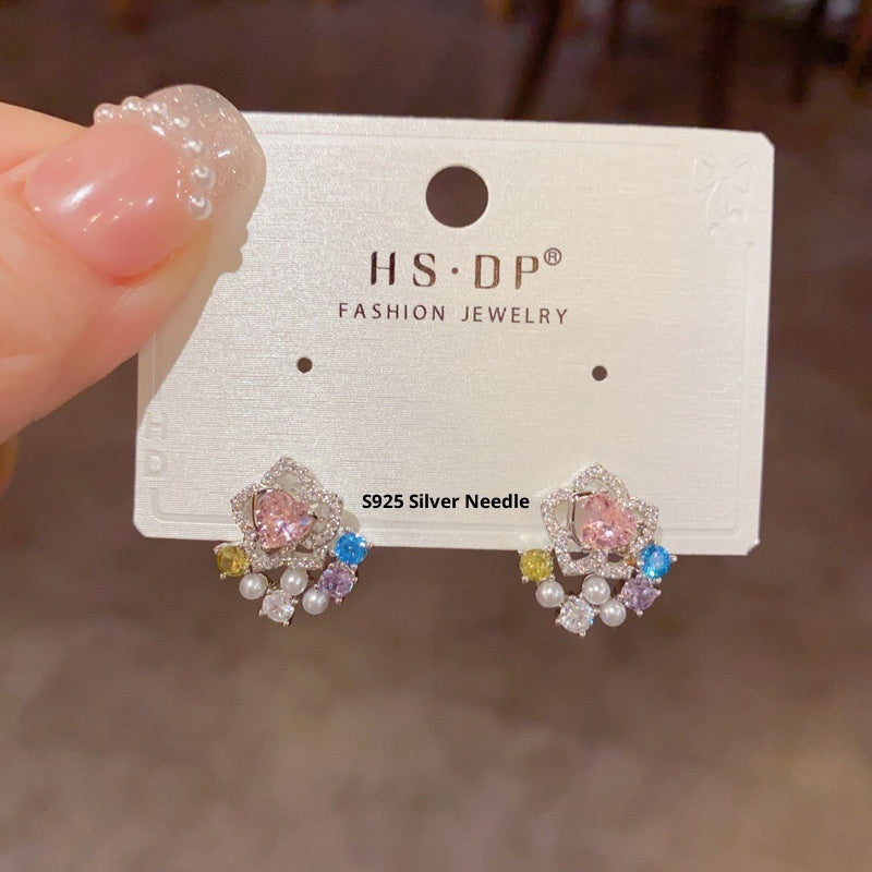 Full Diamond Silver Petal Stud Earrings