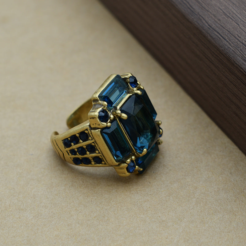 Vintage French Fashion Hot Selling Blue Glass Trendy Versatile Ring