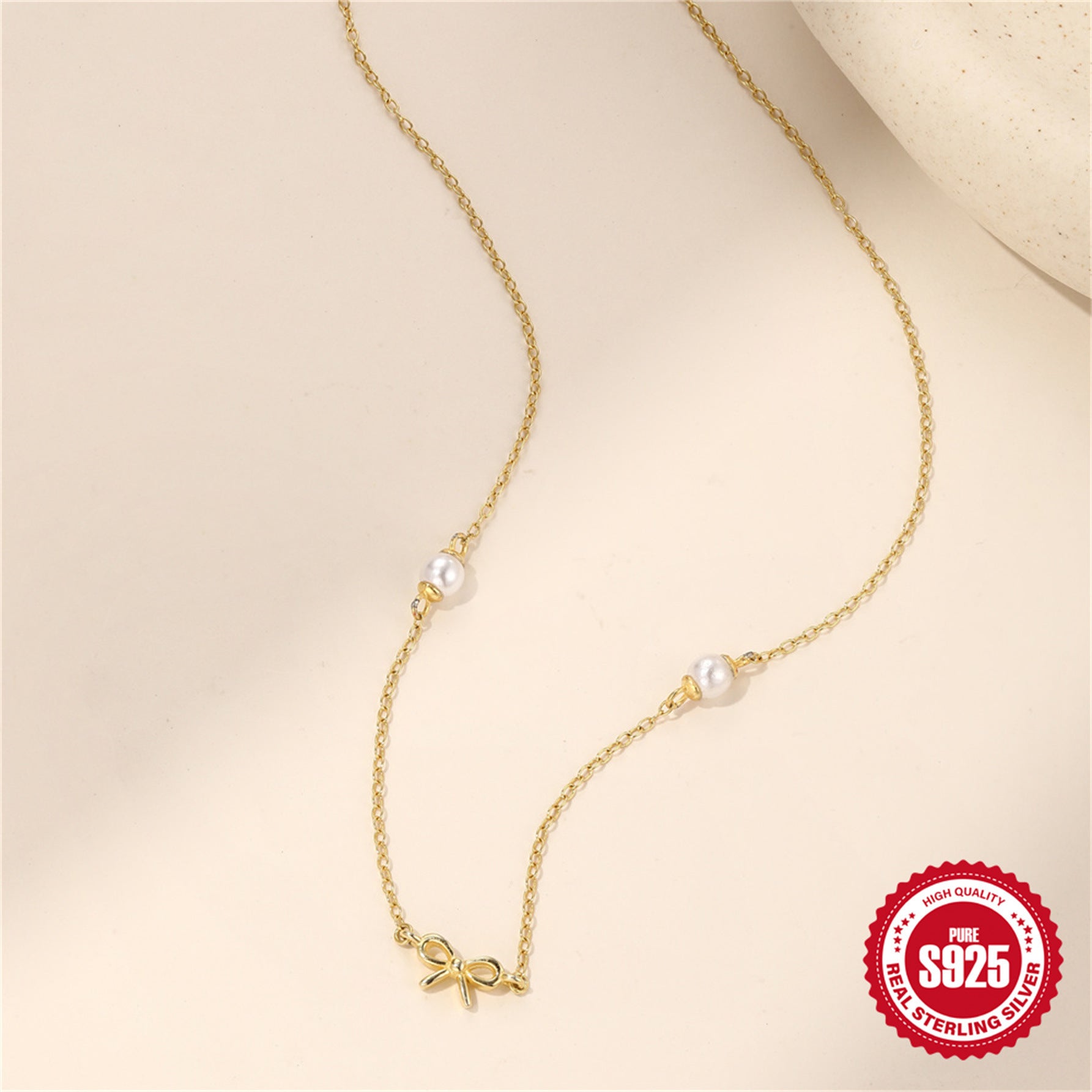 S925 Sterling Silver Simple Pearl Bow Twin Clavicle Chain Necklace
