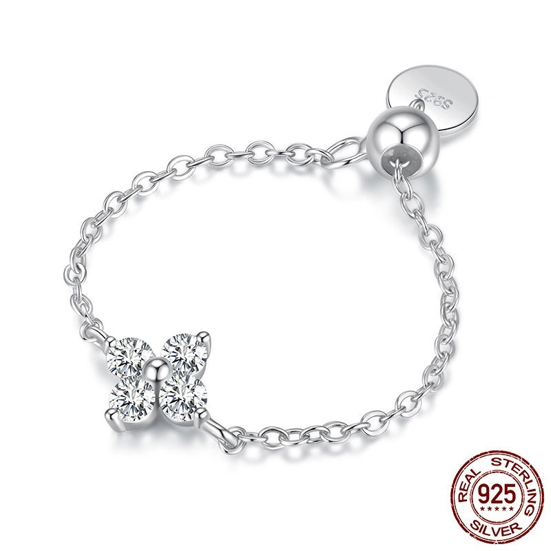 S925 Sterling Silver Four-leaf Clover Lucky Chain Ring