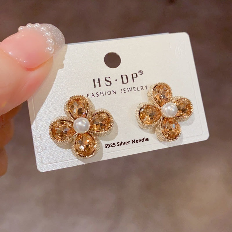 Coffee Color Rhinestone Pearl Petal Stud Earrings