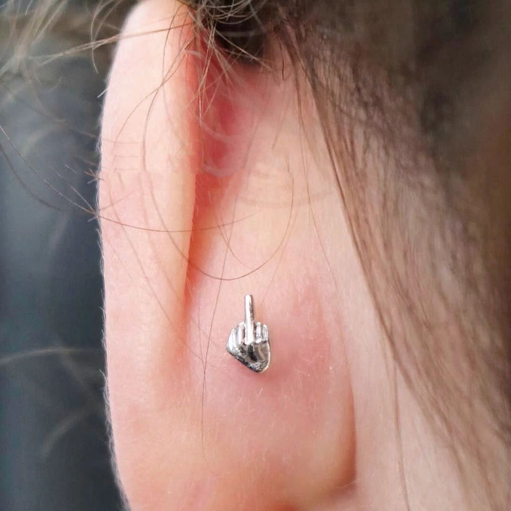 Niche Quirky Middle Finger Titanium Steel Screw Clasp Ear Cartilage Earring