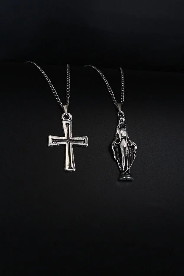 2 Piece Cross And Virgin Mary Necklace Set Men Religious Style Jewelry