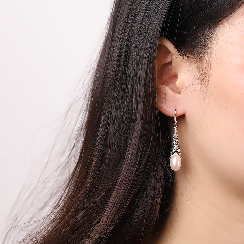 S925 Silver Inlaid Baroque Long Pearl Earrings