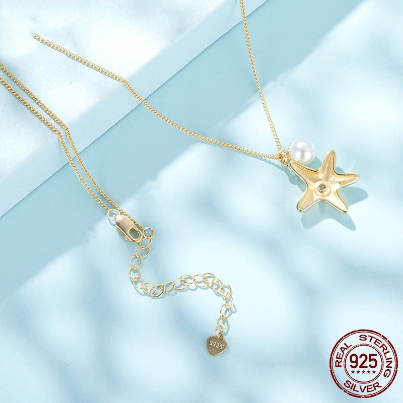 S925 Sterling Silver Gold Plated Starfish Pearl Pendant Necklace