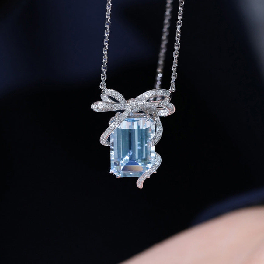 Square Bow Aqua Blue Topaz Light Luxury Necklace For Women