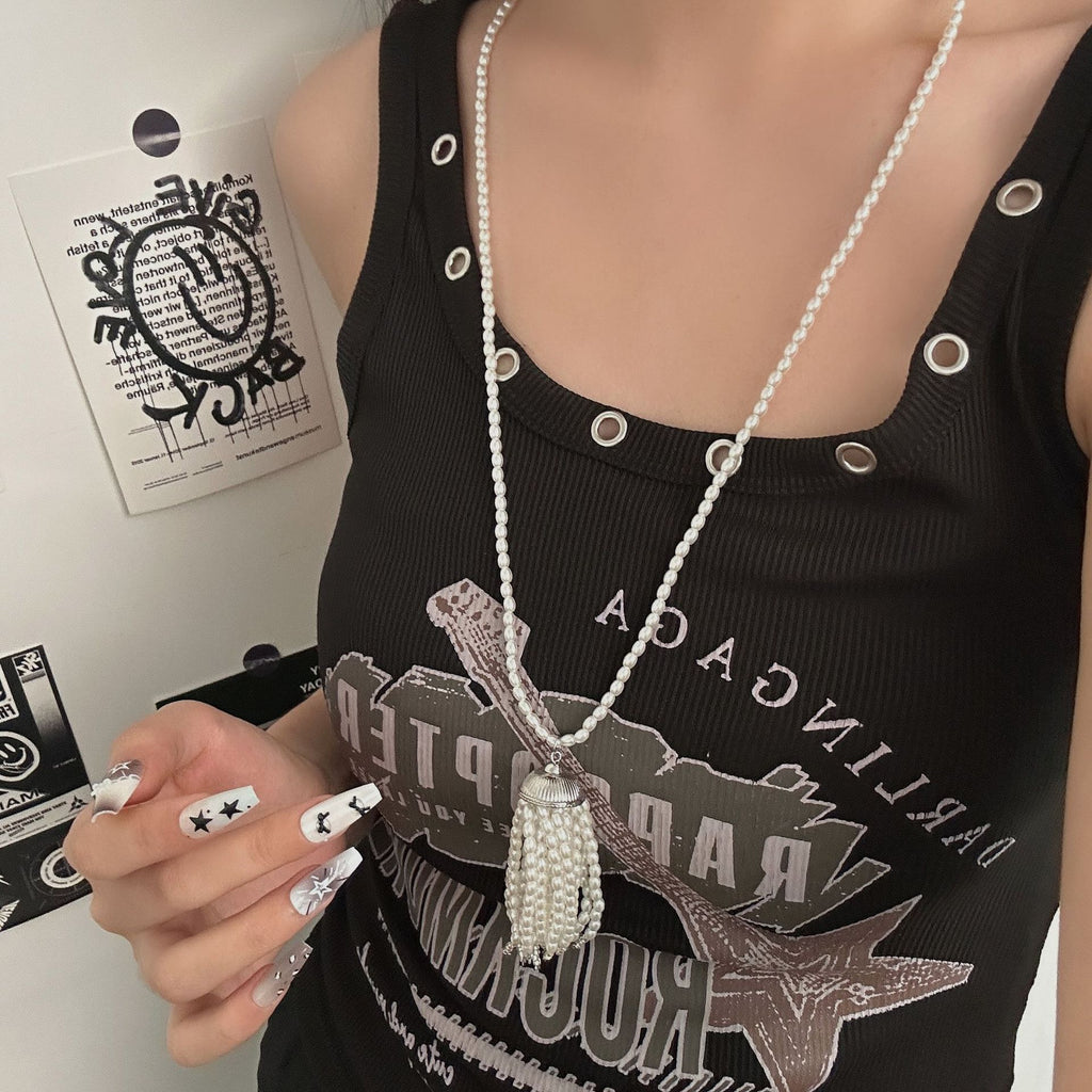 Women's Pearl Tassel Necklace Spring And Summer Long Rice Pearl Necklace