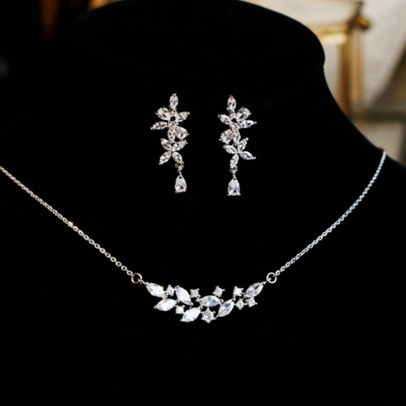 French Exquisite Zircon Leaves Super Fairy Bridal Wedding Necklace Earrings