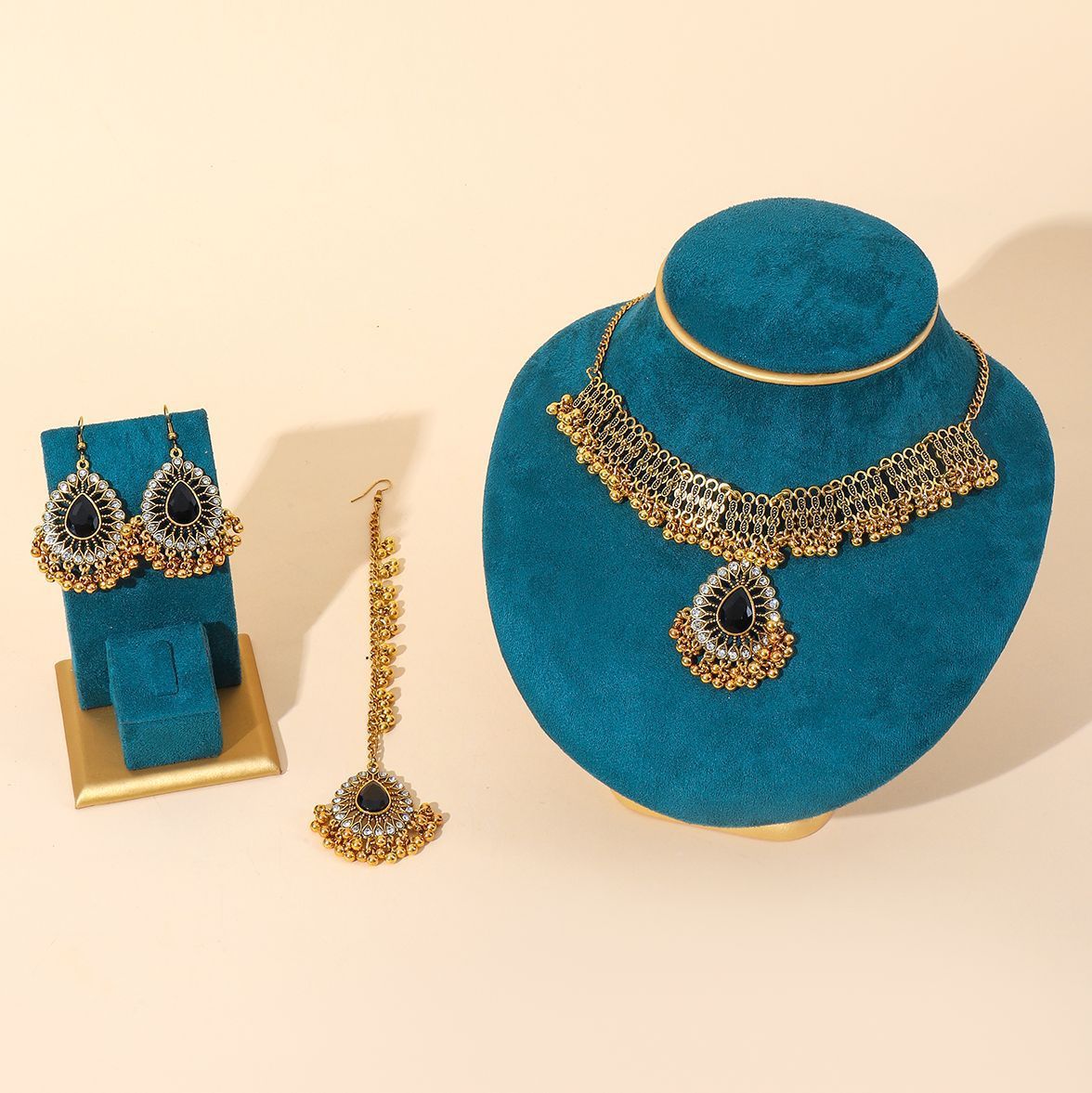 Indian Gem Pearl Pendant Tassel Three-piece Fashion Retro