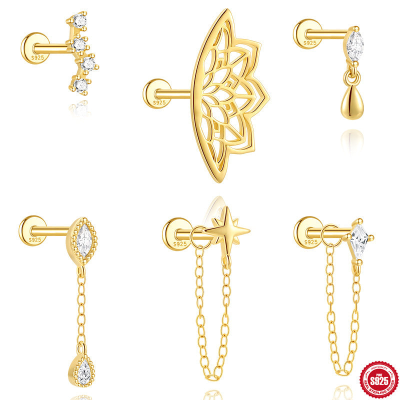 S925 Sterling Silver Hollow Lotus Flower Rhinestone-embedded Ear Bone Stud