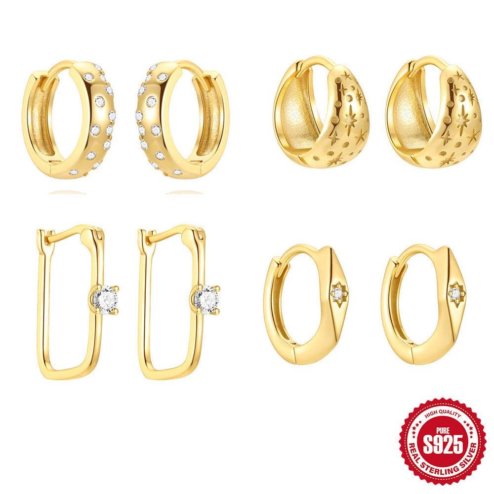 S925 Sterling Silver Geometric Wide Face Diamond XINGX Ring Ear Ring