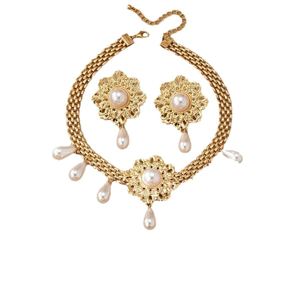 French Retro Hollow Flower Pearl Tassel Necklace Ear Stud Ring