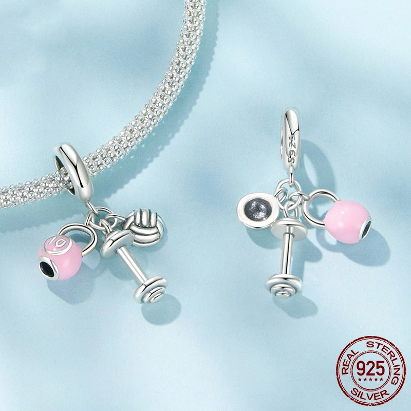 Kettlebell Volleyball Dumbbell Pendant Parts S925 Sterling Silver Beads