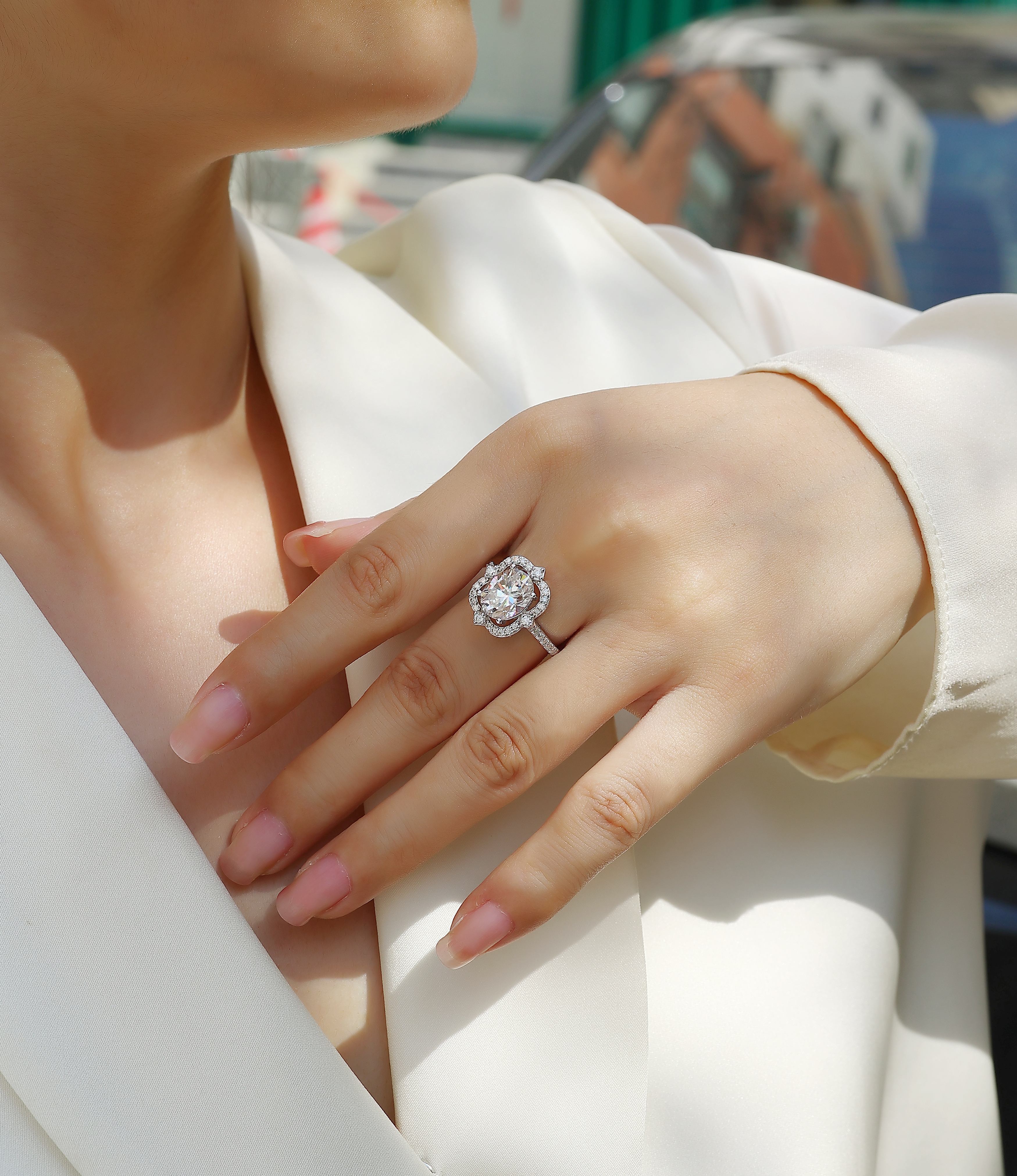 Camellia - Set With Top-quality Egg-shaped Moissanite S925 Silver And Platinum-plated Diamond Wedding Ring. The Ring Can Be Inspected With A Diamond Pen