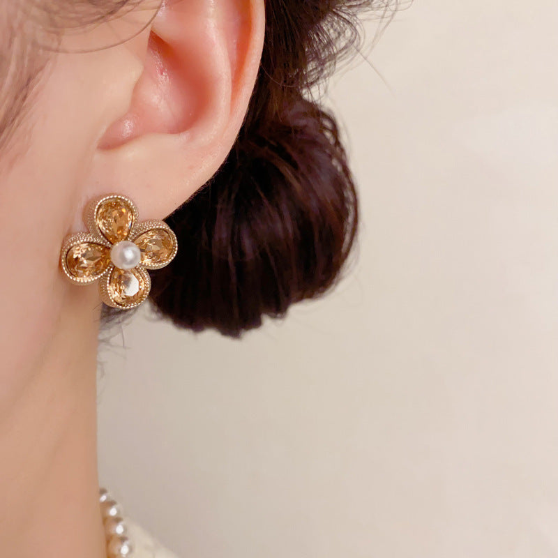 Coffee Color Rhinestone Pearl Petal Stud Earrings