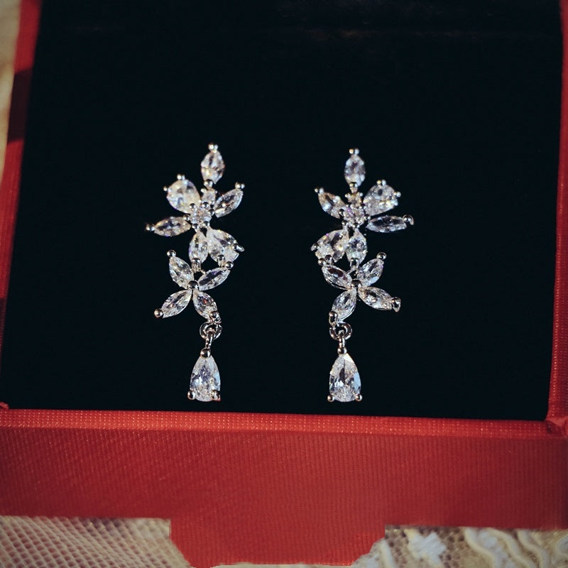 French Exquisite Zircon Leaves Super Fairy Bridal Wedding Necklace Earrings