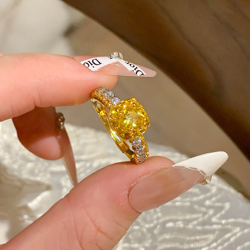 Yellow Diamond Pineapple Cube Sugar Light Luxury High-end Plain Ring
