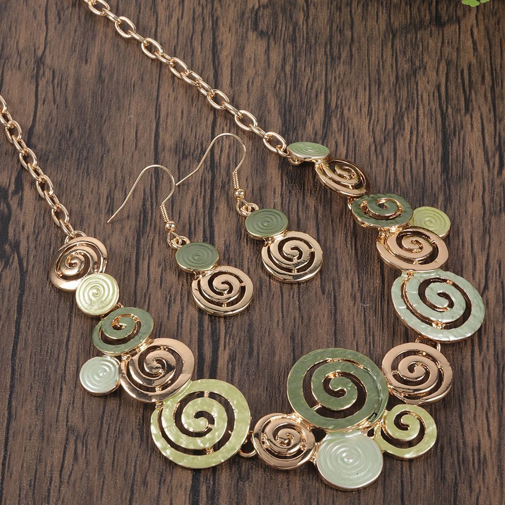 Zinc Alloy Geometric Round Spiral Color Oil Necklace Hollow Design Eardrop Set