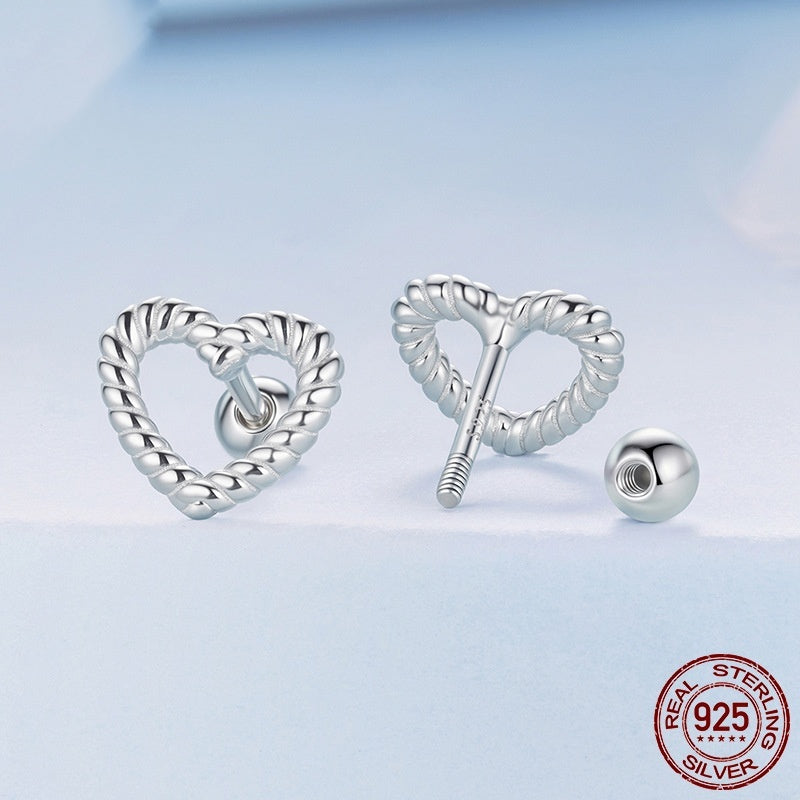 S925 Sterling Silver Hollow Twist Love Heart Stud Earrings