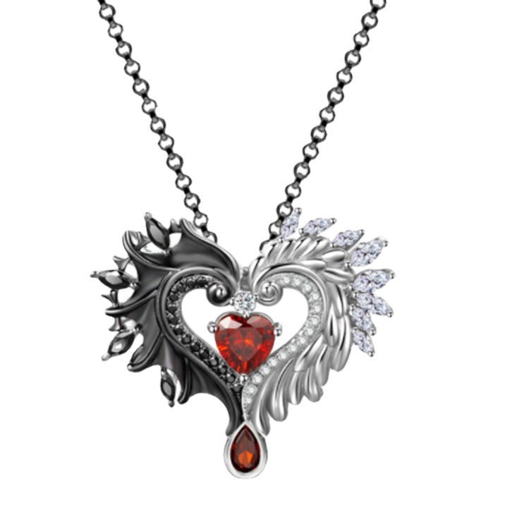 Heart-shaped Black And White Wings Heart-shaped Pendant Necklace
