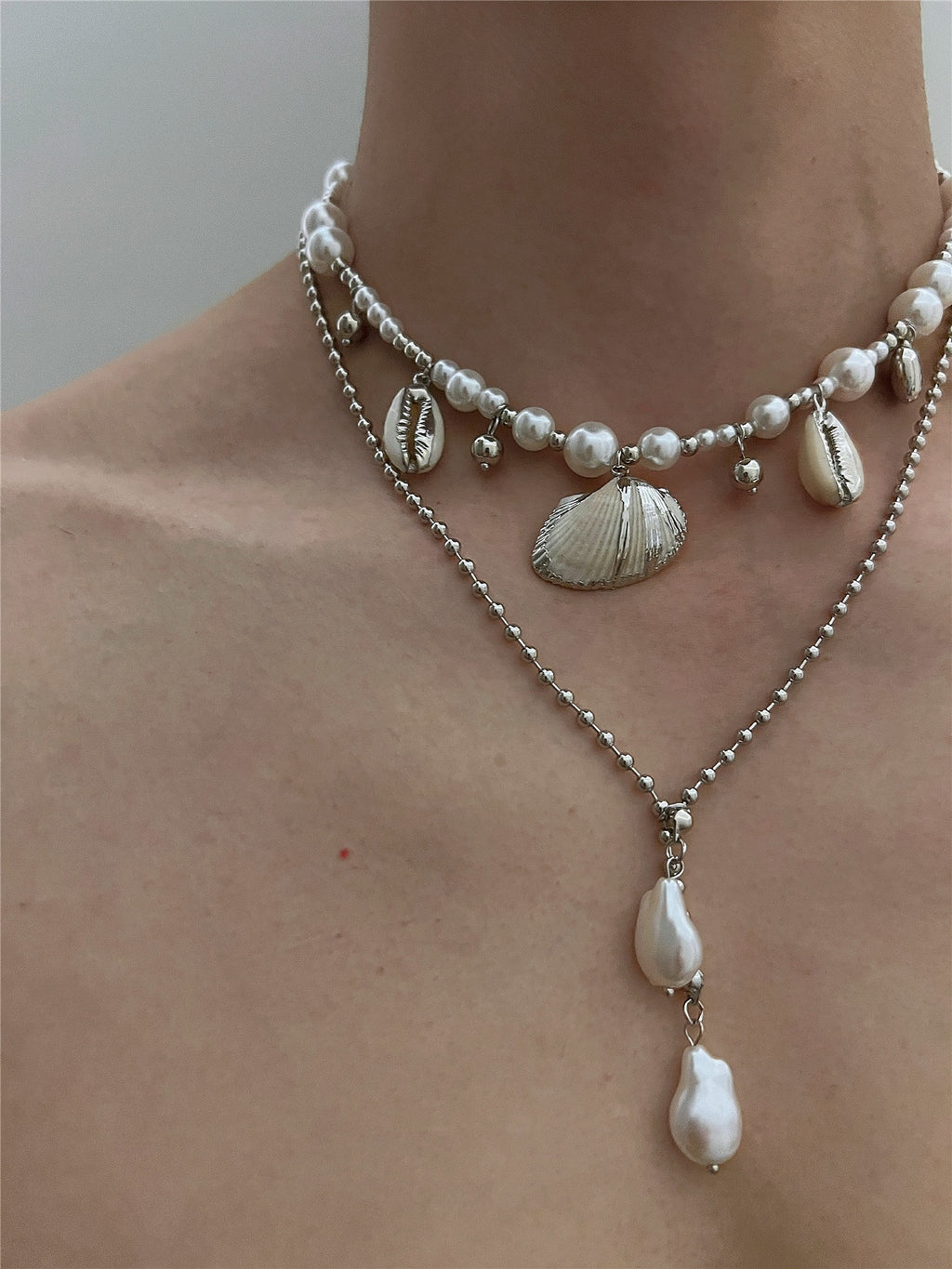 Beach Seashell ImitationPearl Pendant Double Layer Necklace