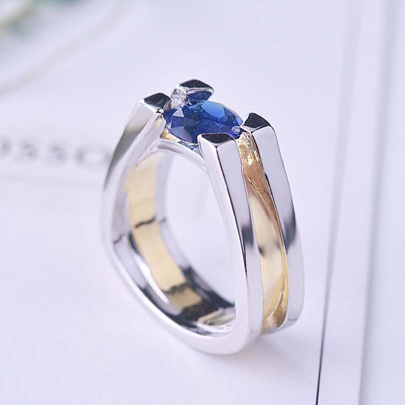Europe And America Creative Geometric Sapphire Two-tone Women's Ring