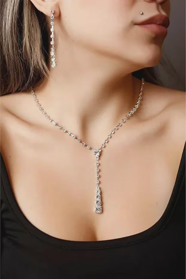Silver Plated Bridal Tennis Necklace Earring Set Wedding Jewelry