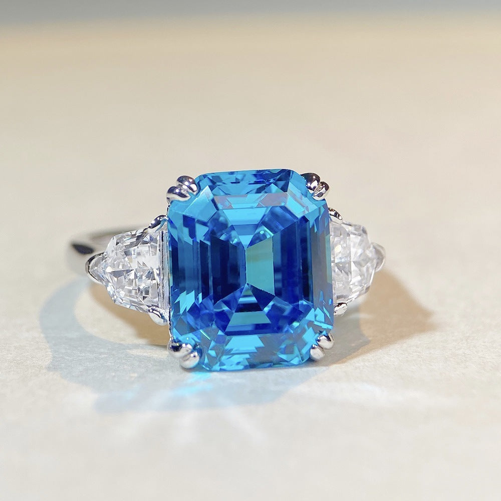 S925 Sterling Silver Diamond Ring With Aquamarine - A Luxurious And Stylish Colored Gemstone Ring