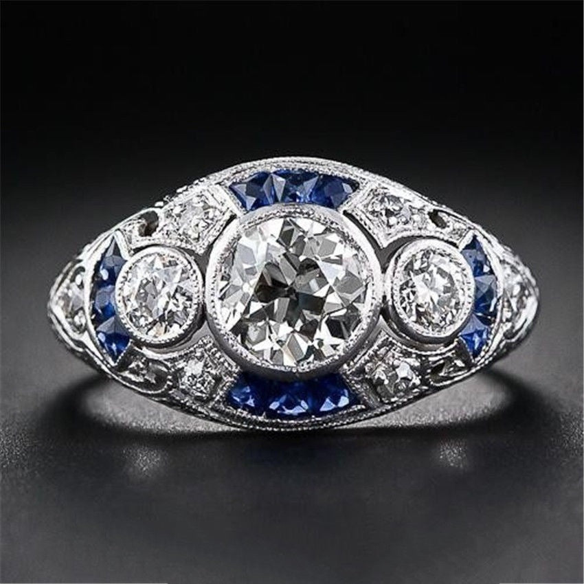 Women's Fashion Diamond Set Blue Sapphire Topaz Ring