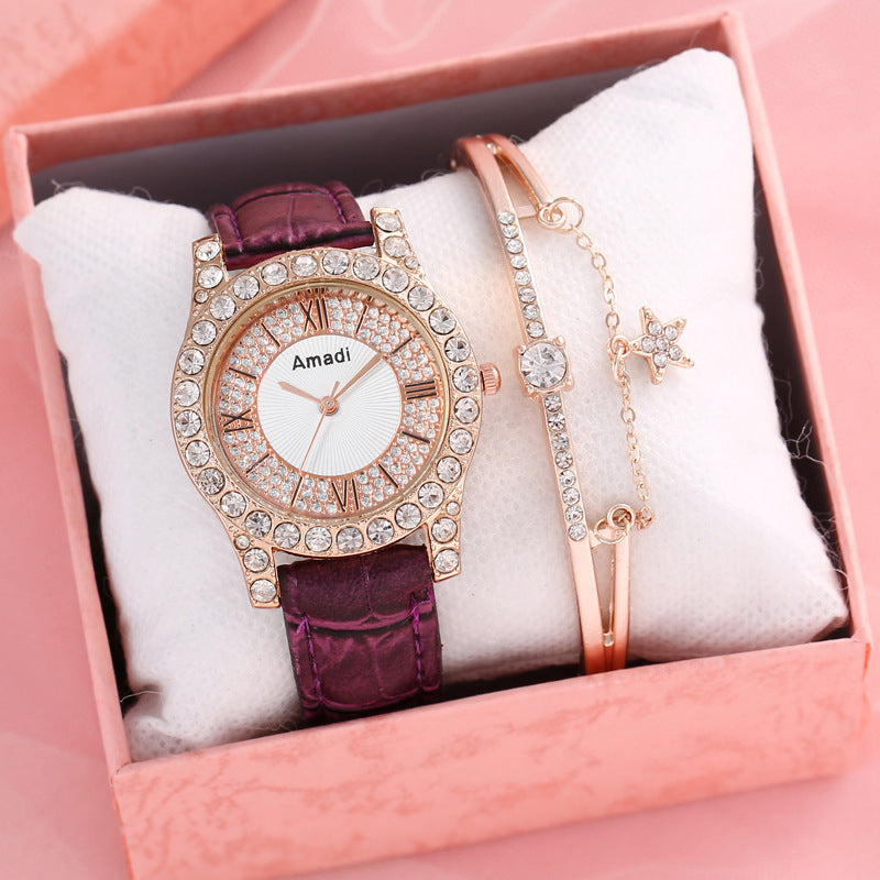 Women's Diamond-embedded Roman Face Simple Fashion All-match Quartz Watch Gift Box