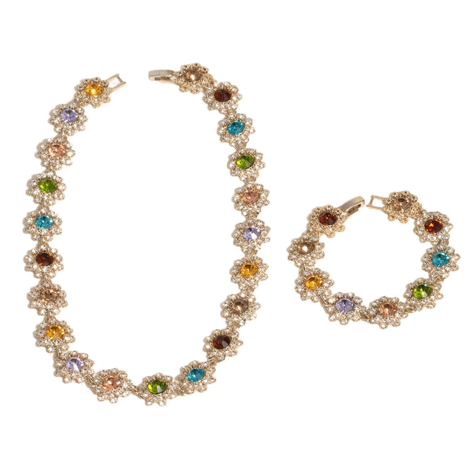 Colorful Rhinestone Necklace Women's Earrings Bracelet Set