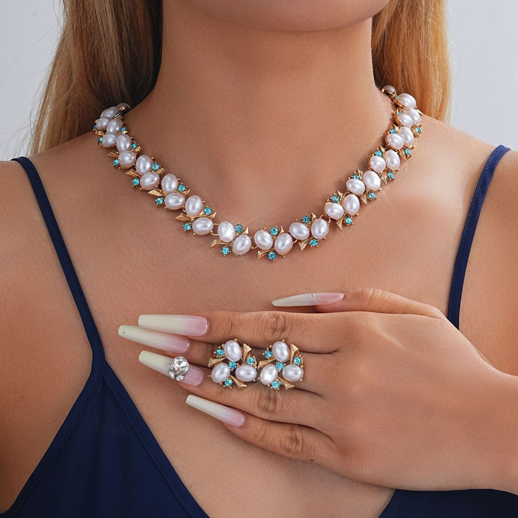 Turquoise Pearl Necklace And Earrings Suite