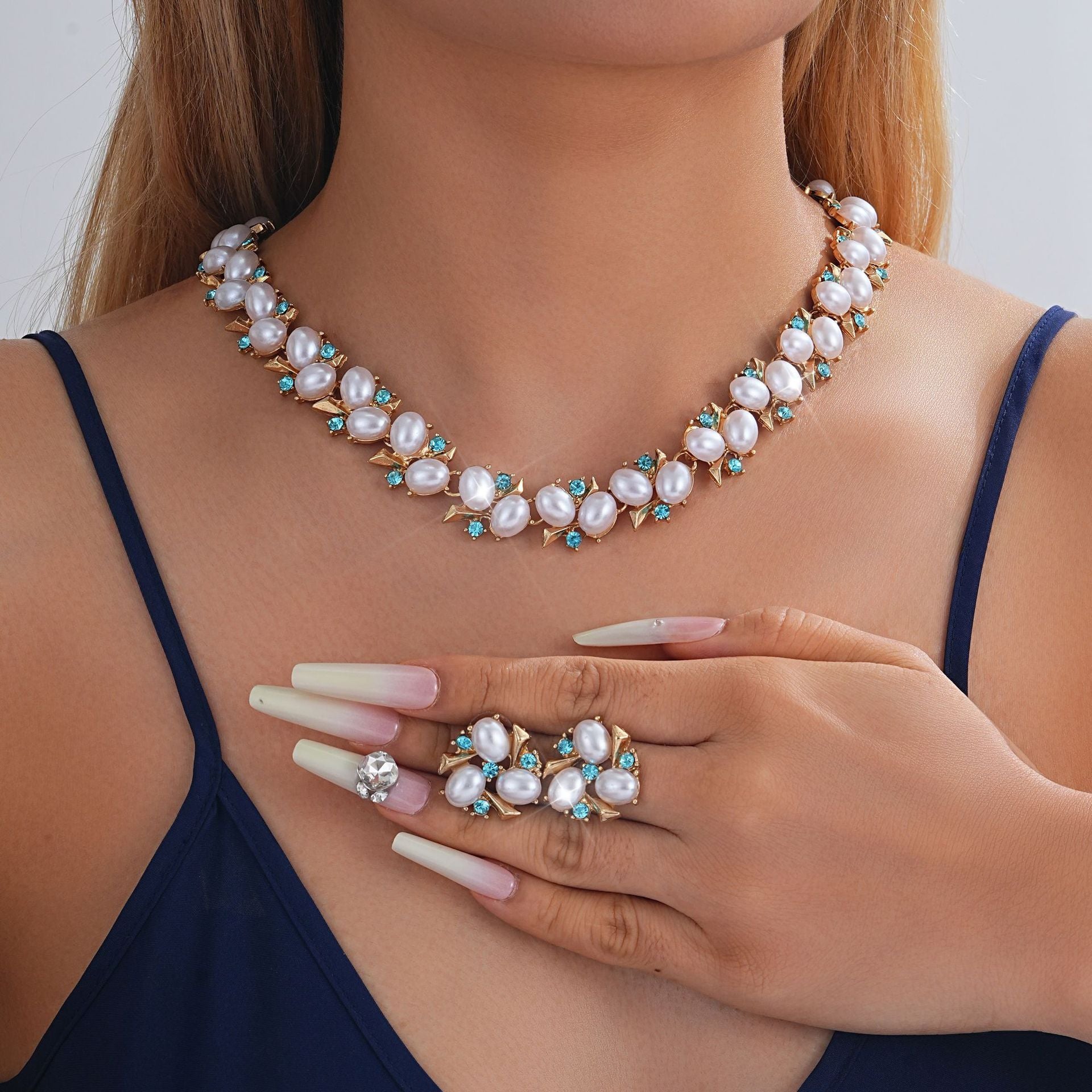 Turquoise Pearl Necklace And Earrings Suite