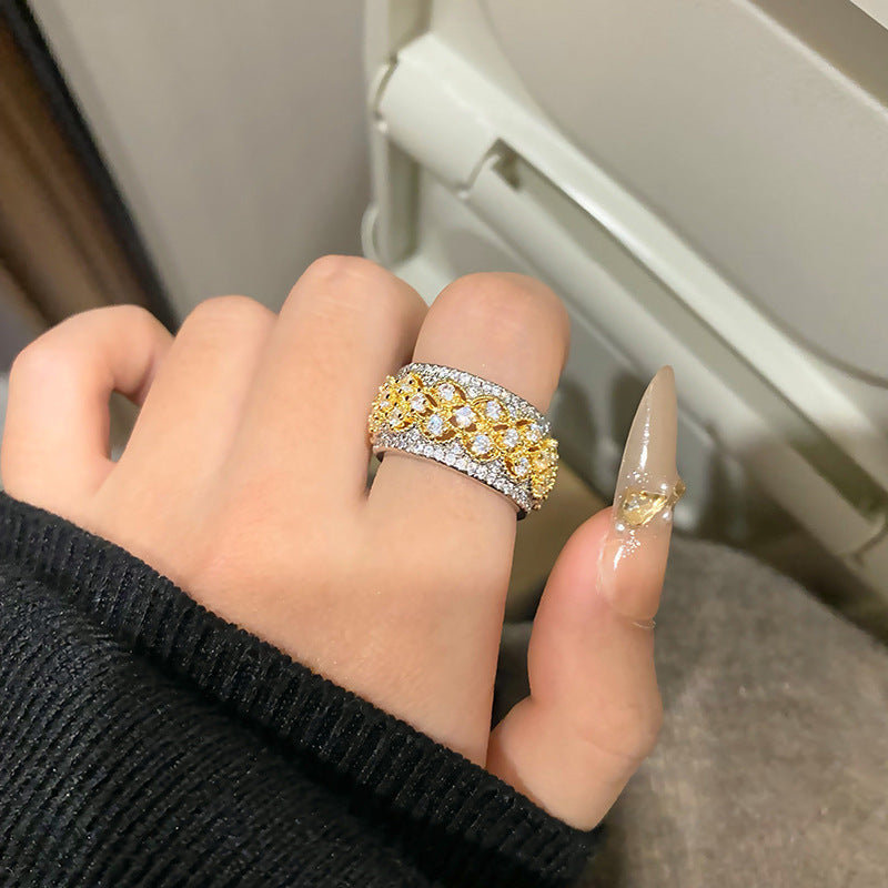 Italian Retro Lace Honeycomb Micro-set Zirconia Open Ring For Women