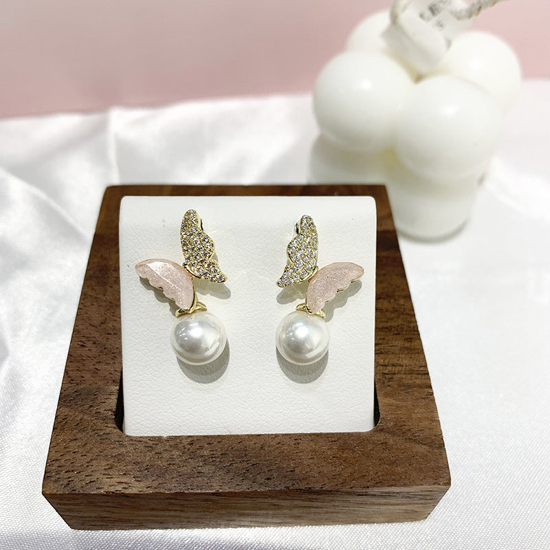 Pearl Zircon Bow Temperament Light Luxury Niche Earrings