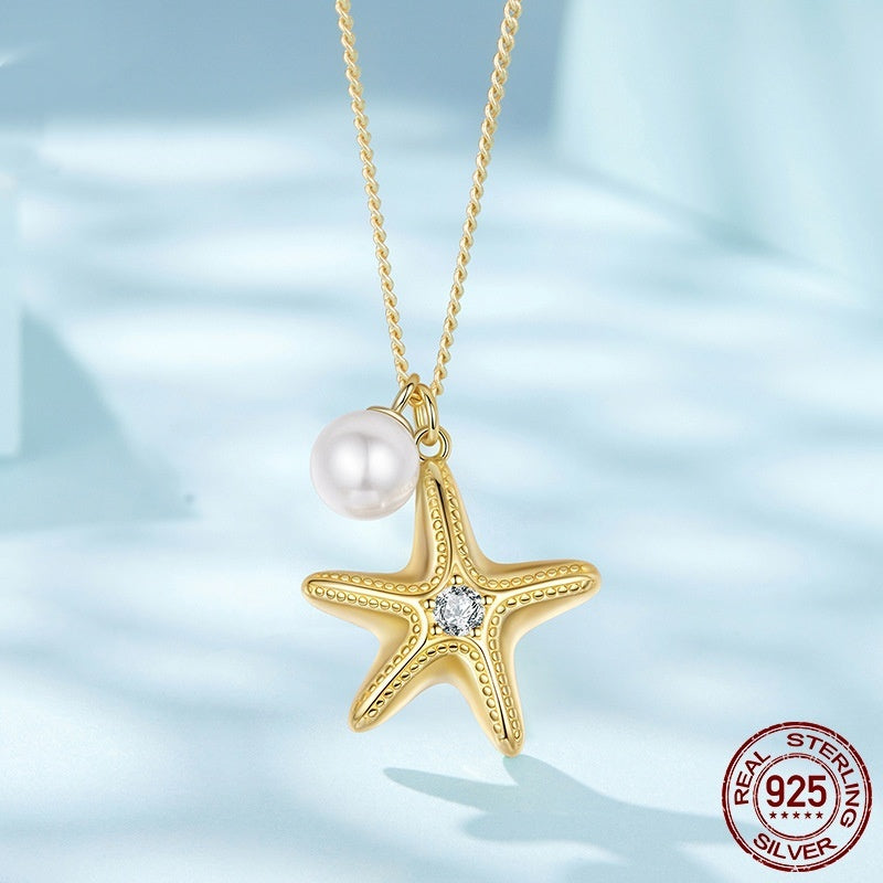 S925 Sterling Silver Gold Plated Starfish Pearl Pendant Necklace