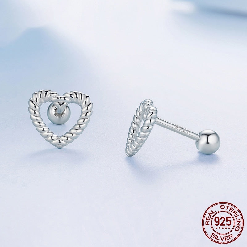 S925 Sterling Silver Hollow Twist Love Heart Stud Earrings