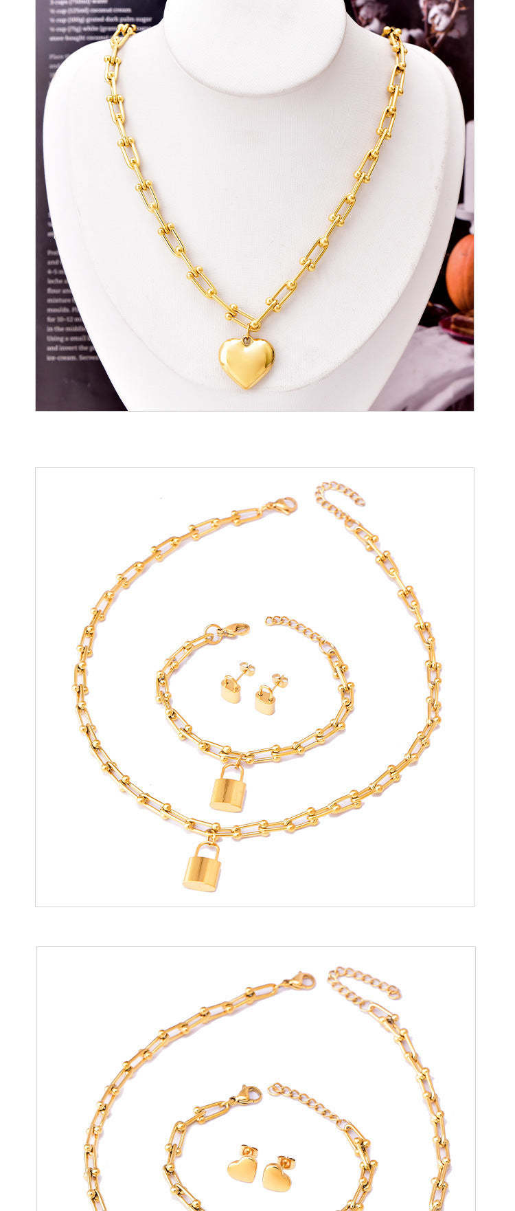 All-match Stainless Steel Small Lock Bracelet Earrings Suit