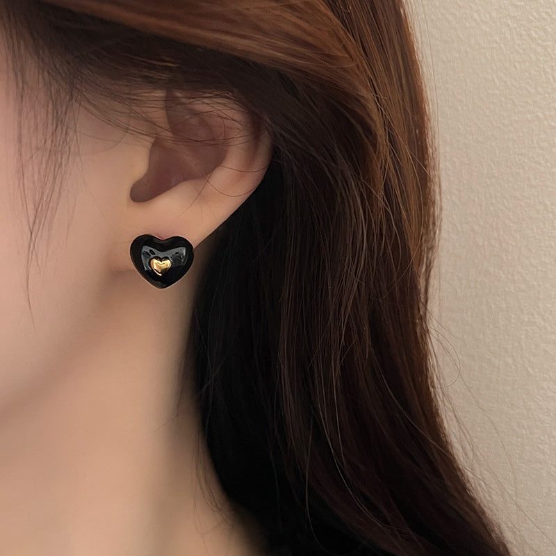 Vintage Red New Year Heart Silver Needle Earrings