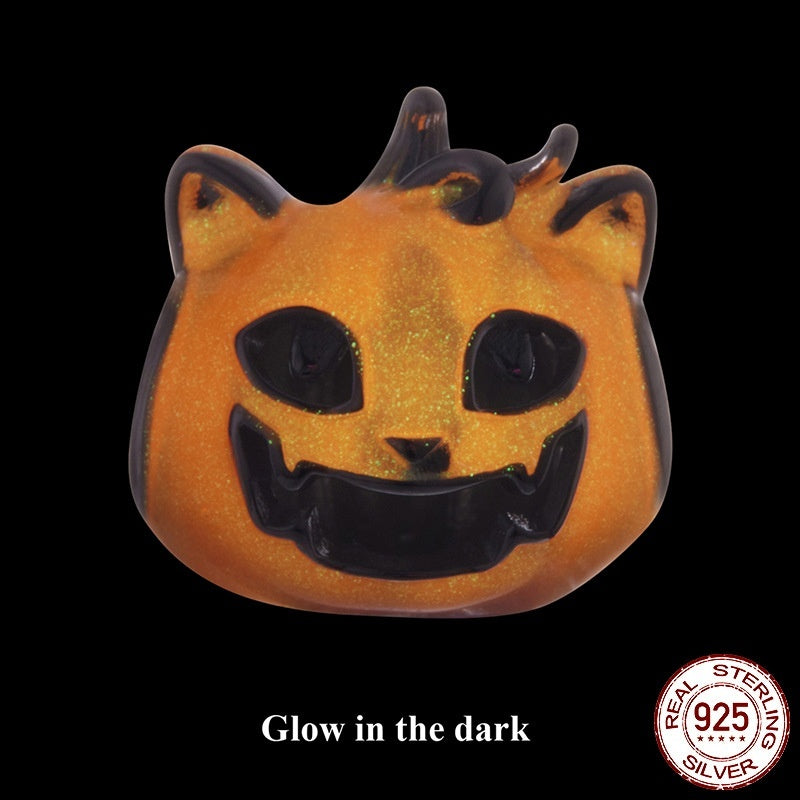 Halloween Luminous Oil Dripping Pumpkin Cat S925 Sterling Silver Beads
