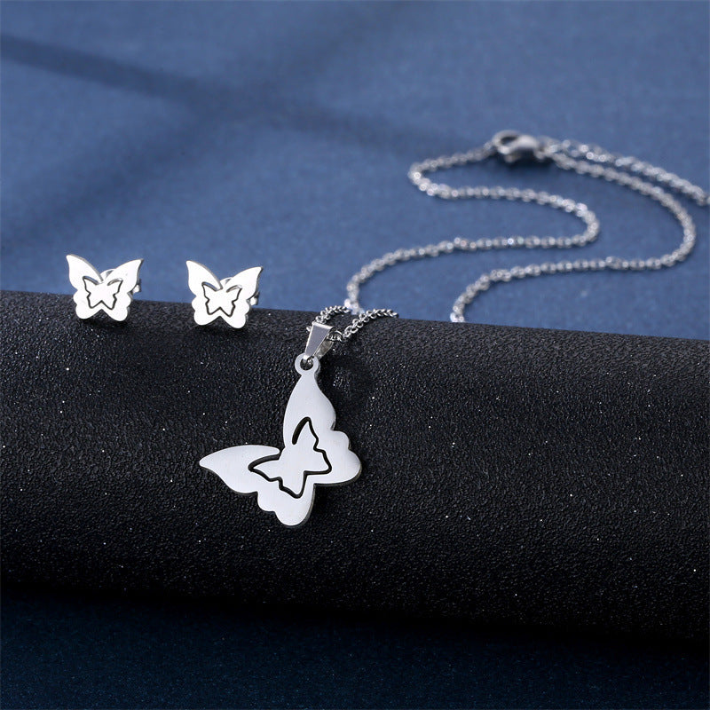 Stainless Steel Necklace Ear Stud Combination Suit