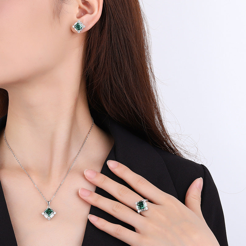 S925 Silver High Carbon Emerald Diamond Princess Square Diamond Set