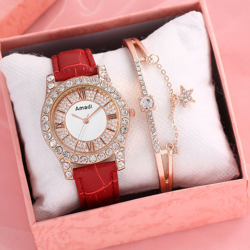 Women's Diamond-embedded Roman Face Simple Fashion All-match Quartz Watch Gift Box