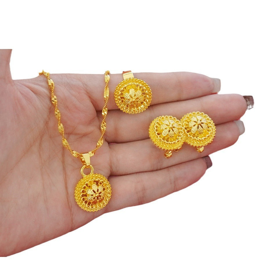 Landscape Middle East Flower Design Gold-plated Necklace Pendant Earring Ring Jewelry Suit