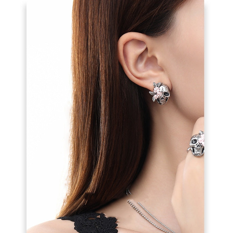 Rose Skull Silver Pin Earrings Ring