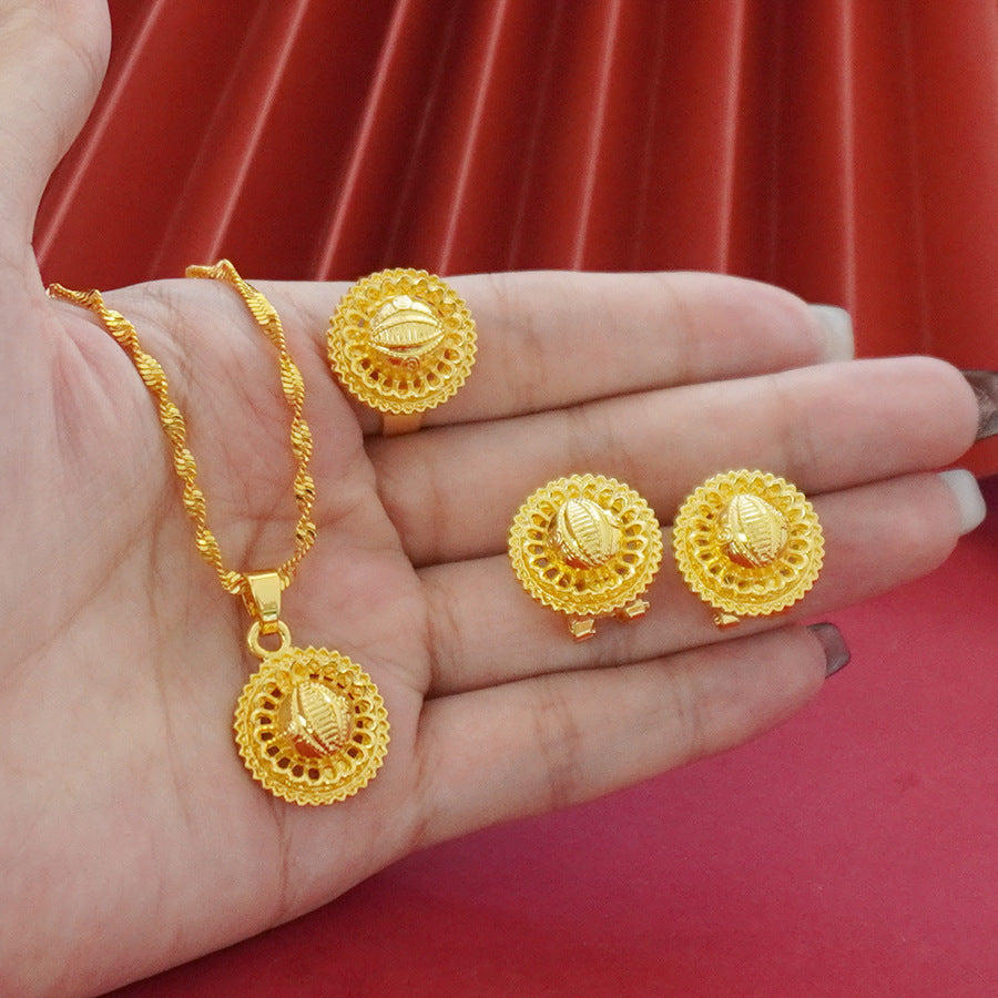 Landscape Middle East Flower Design Gold-plated Necklace Pendant Earring Ring Jewelry Suit