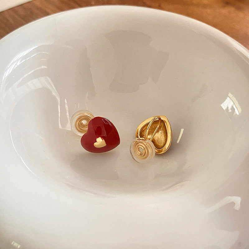 Vintage Red New Year Heart Silver Needle Earrings