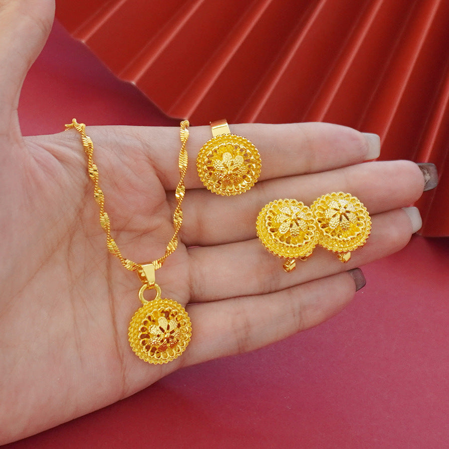 Landscape Middle East Flower Design Gold-plated Necklace Pendant Earring Ring Jewelry Suit